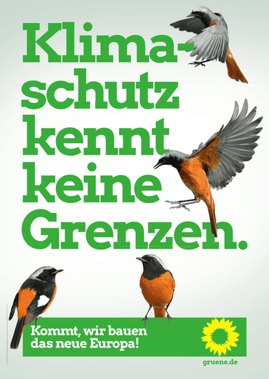Europawahlplakat 2019, Thema: Klimaschutz. Text: "Klimaschutz kennt keine Grenzen.", Slogan: "Kommt, wir bauen das neue Europa!"