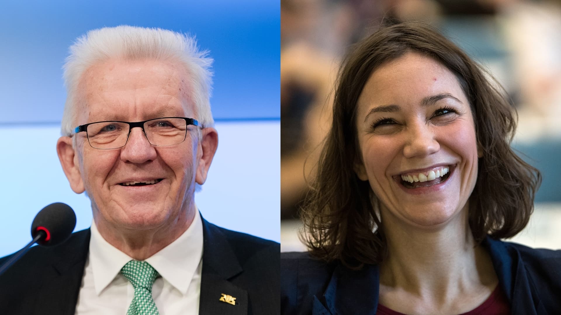 Nebeneinanderstehende Portraits von Winfried Kretschmann (links) und Anne Spiegel (rechts)