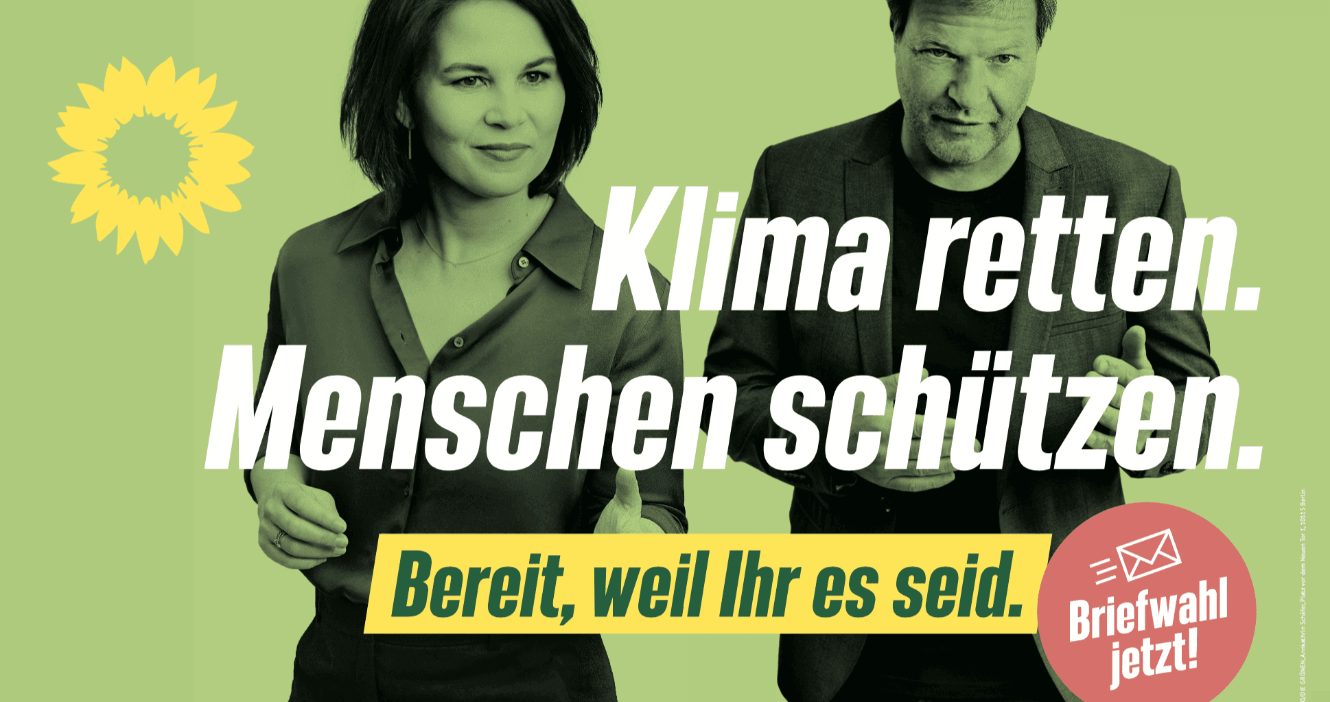 Annalena Baerbock und Robert Habeck, Aufschrift: "Klima retten. Menschen schützen. Bereit, weil Ihr es seid."