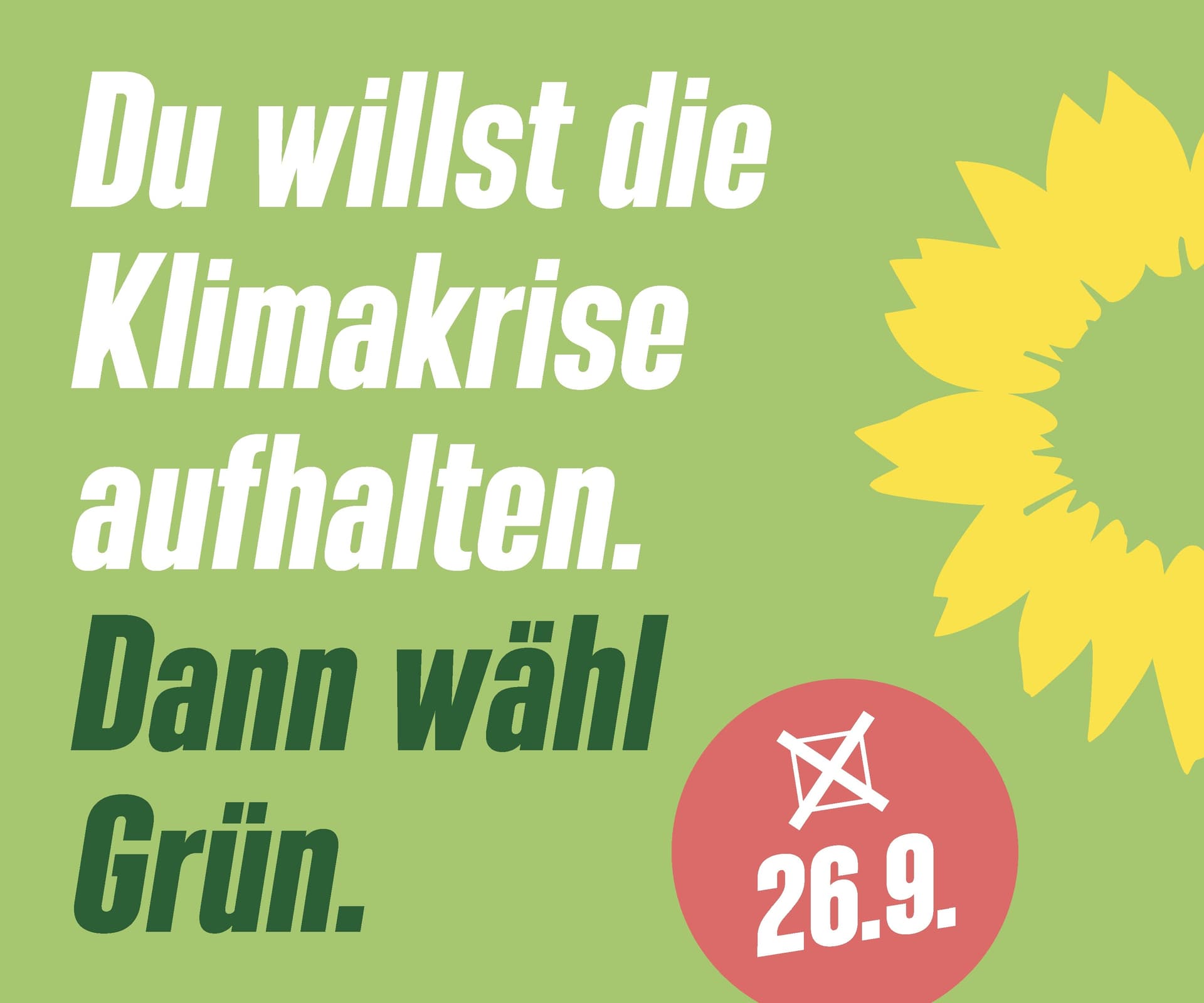 Weiße und dunkelgrüne Schrift auf hellgrünem Hintergrund: "Du willst die Klimakrise aufhalten. Dann wähl Grün."