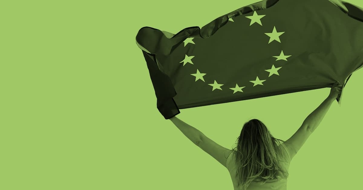 Eine Person hält die Europaflagge in di Luft