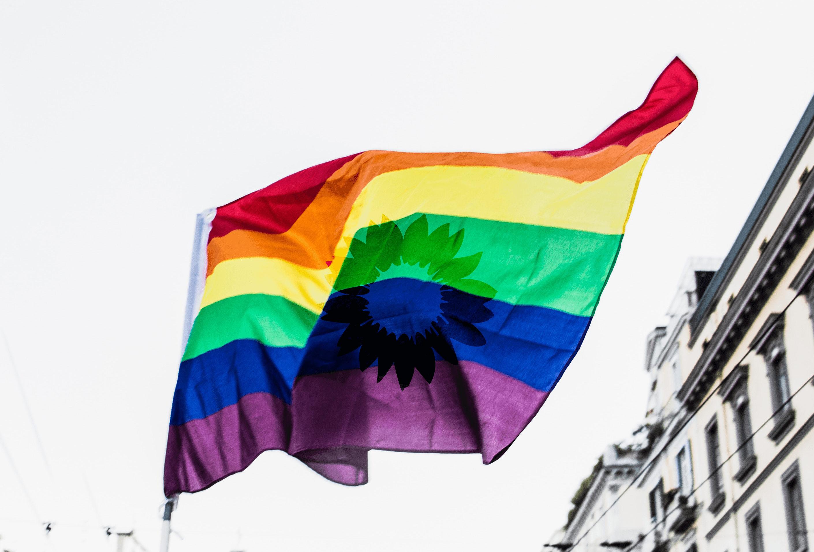 Flagge in Regenbogenfarben mit Sonnenblumenaufdruck, die im Wind weht.