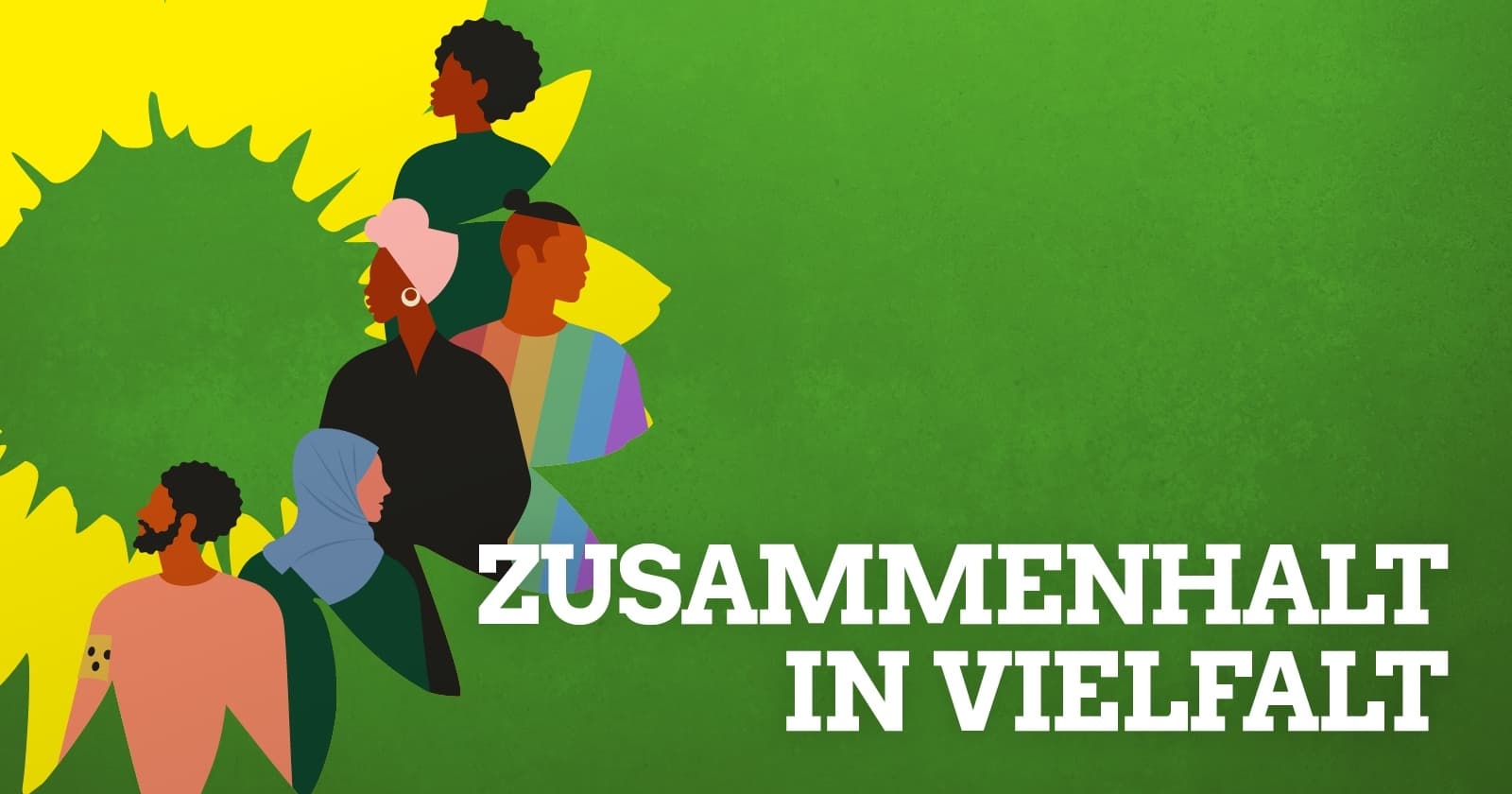 Schriftzug "Zusammenhzalt in Vielfalt" auf Grünem Grund mit einer gelben Sonnenblume, auf der unterschiedliche Menschen abgebildet sind.