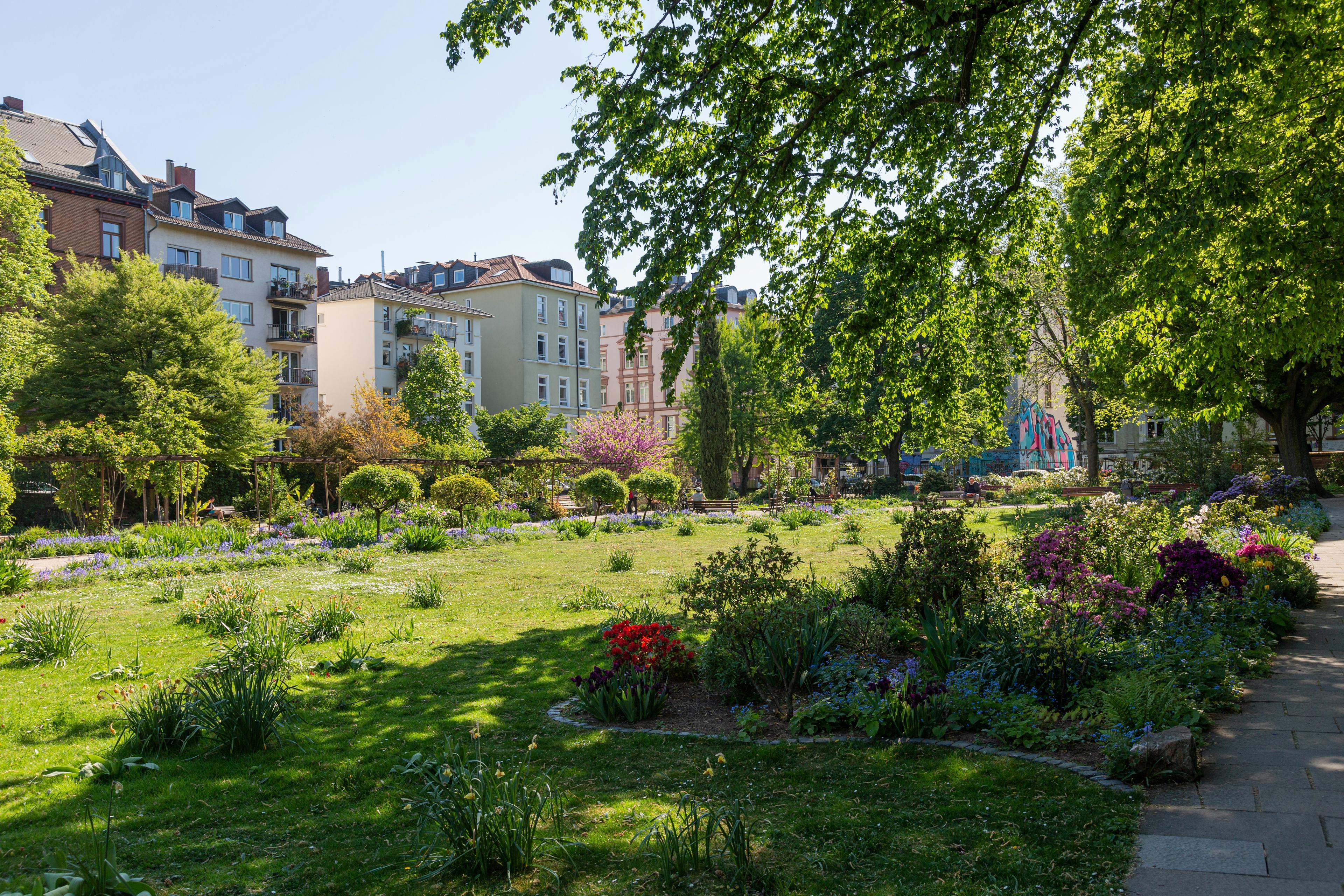 Ein grüner Park mit blühenden Blumen und Bäumen. Im Hintergrund sieht man bunte Häuser einer Stadt.