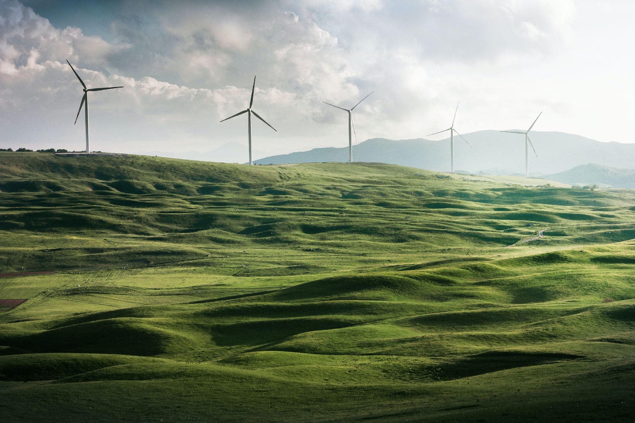 Windräder auf hügeligen Wiesen