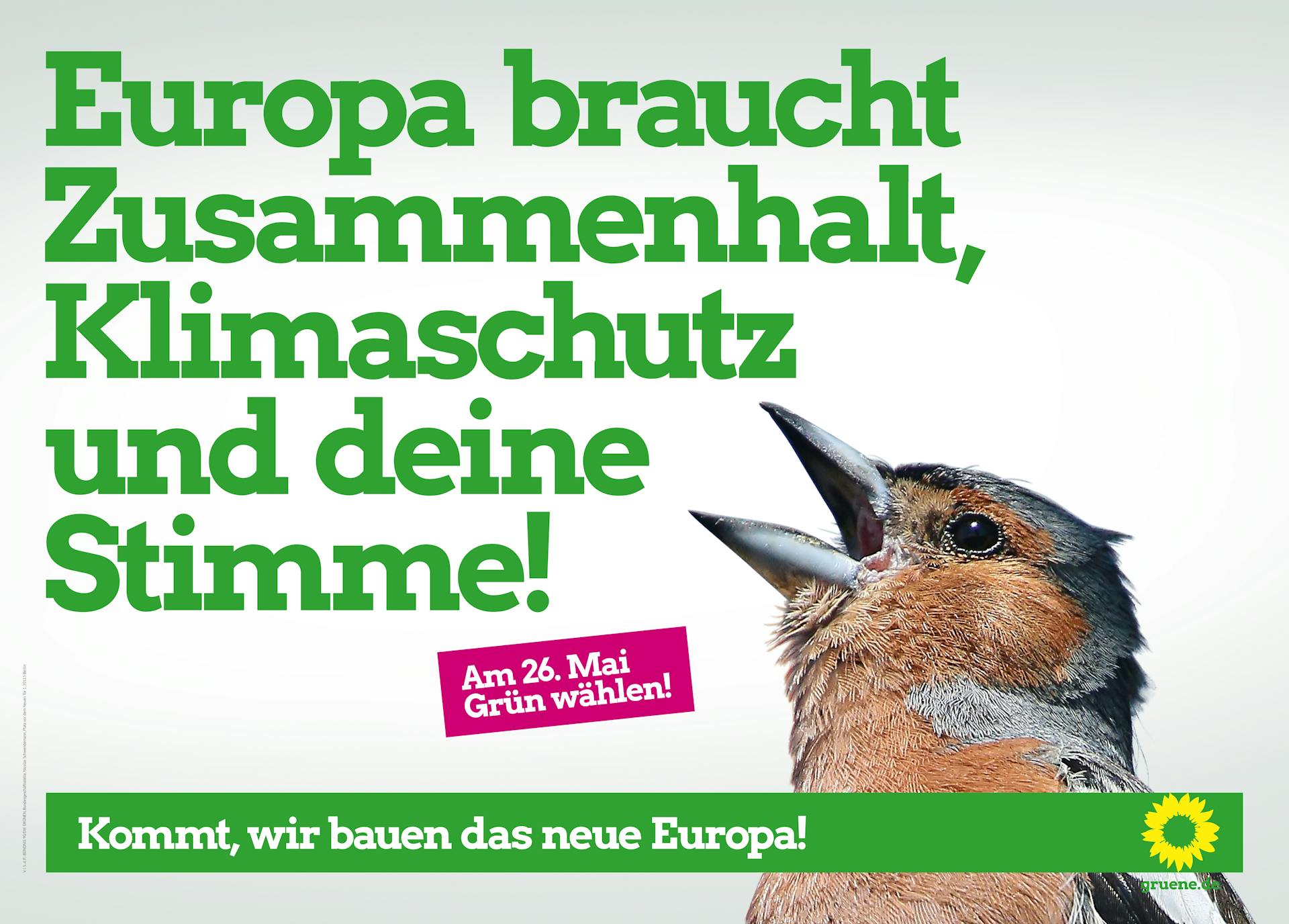 Europawahlplakat 2019 mit einem Vogel mit offenem Schnabel. Text: "Europa braucht Zusammenhalt, Klimaschutz und deine Stimme! Am 26. Mai Grün wählen!", darunter der Slogan: "Kommt, wir bauen das neue Europa!"