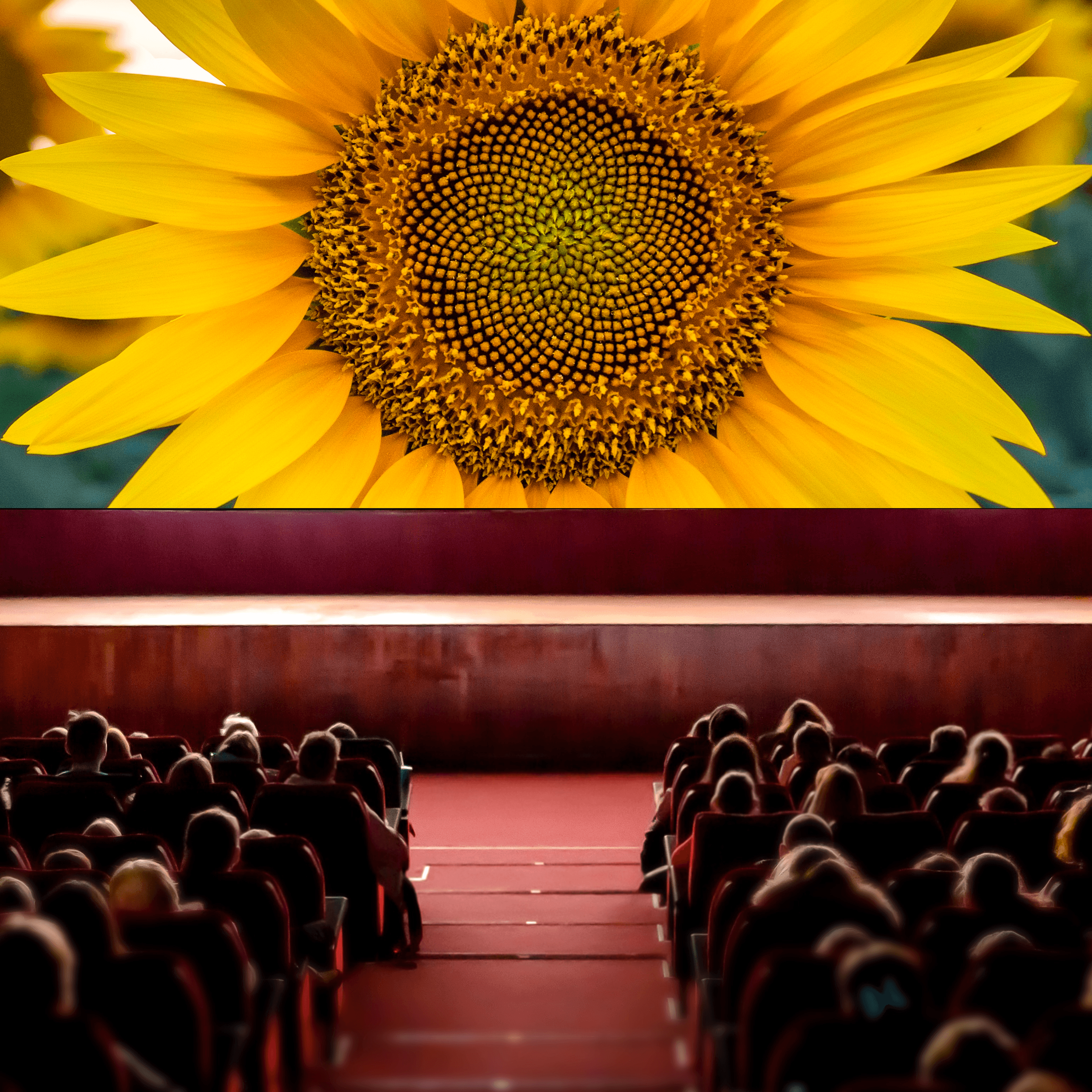 Ein voller Kinosaal, in dem die Menschen auf die Leinwand gucken. Auf der Leinwand ist eine große Sonnenblume zu sehen.
