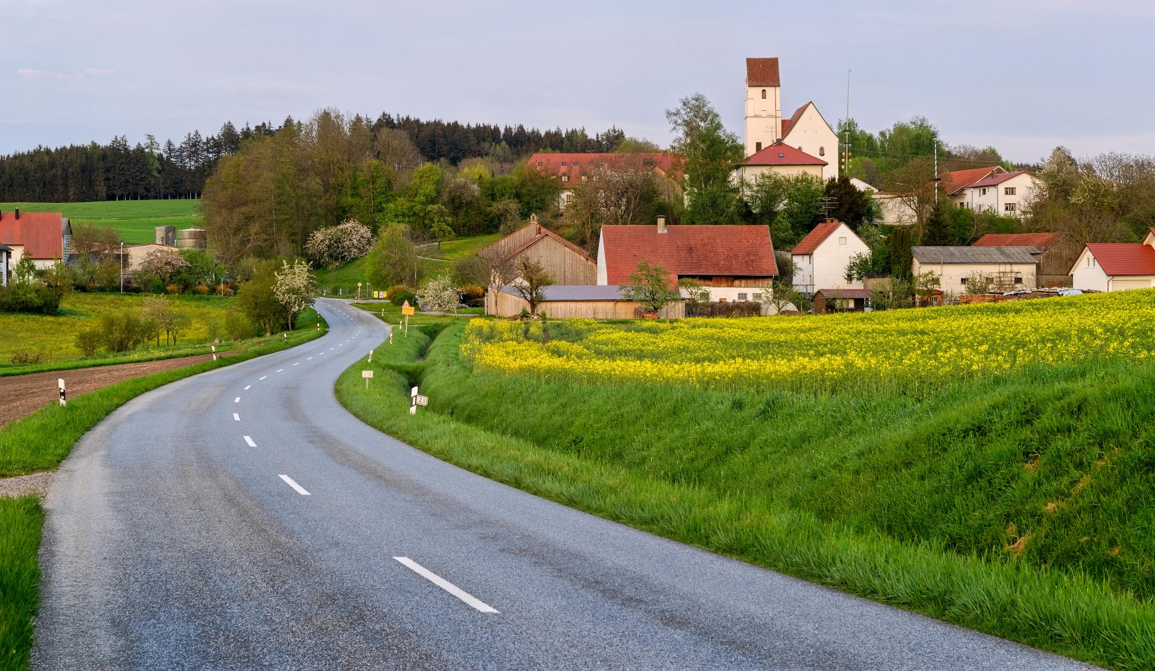 Eine Straße führt in ein Dorf, von dem man den kirchturm und einige Häuser sieht.