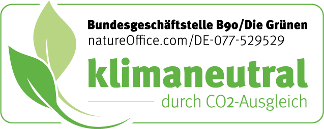 Logo mit Blättern und der Aufschrift "Bundesgeschäftsstelle B90/DIE GRÜNEN  klimaneutral durch CO2-Ausgleich