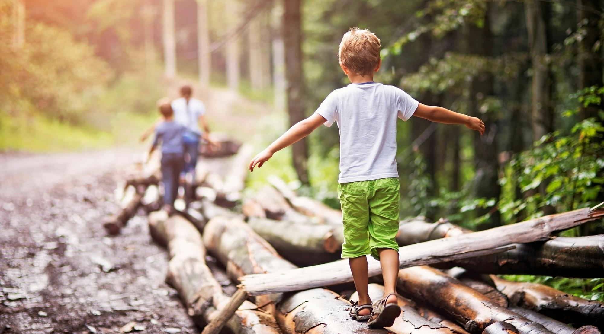 Kind im Wald balanciert auf Baumstämmen, die auf dem Boden liegen.